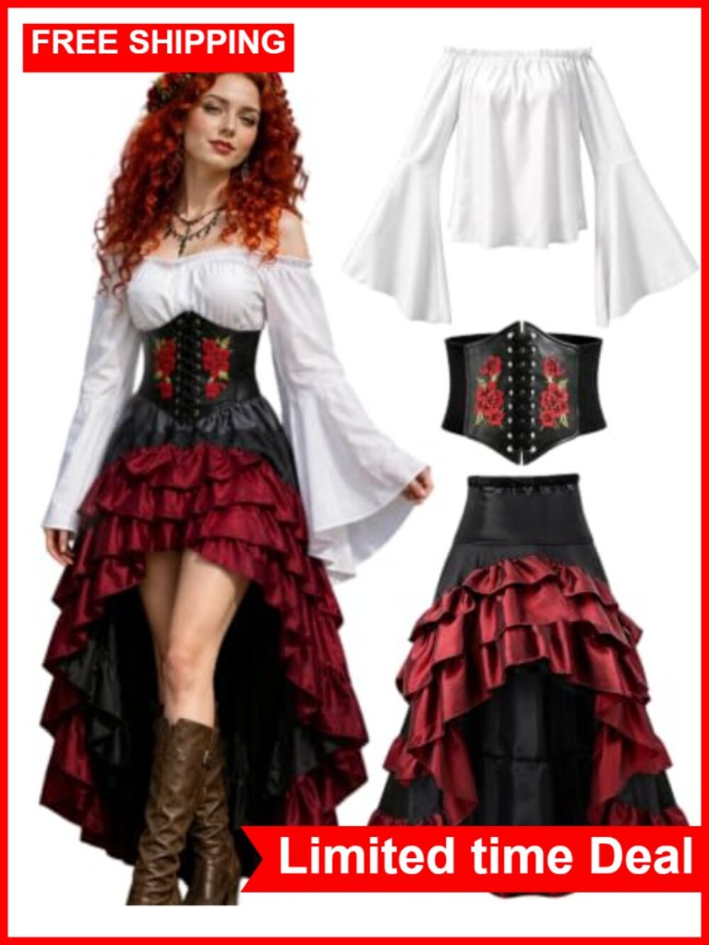 Women's Pirate Wench Costume Corset Skirt Blouse Renaissance Polyester